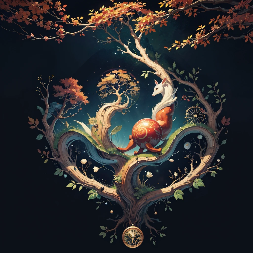 circular tree,four seasons,spring,summer,autumn,winter,leaves,roots,branches,trunk,ornate border,decorative,digital illustration,artwork,movement,time,swirling background,dark background,vibrant colors,natural,life cycle,growth,change,nature,life,peace,harmony,spirituality,symbolism,digital art,illustration,painting,graphic design,art,design,digital media,online art,visual art,fine art,fantasy