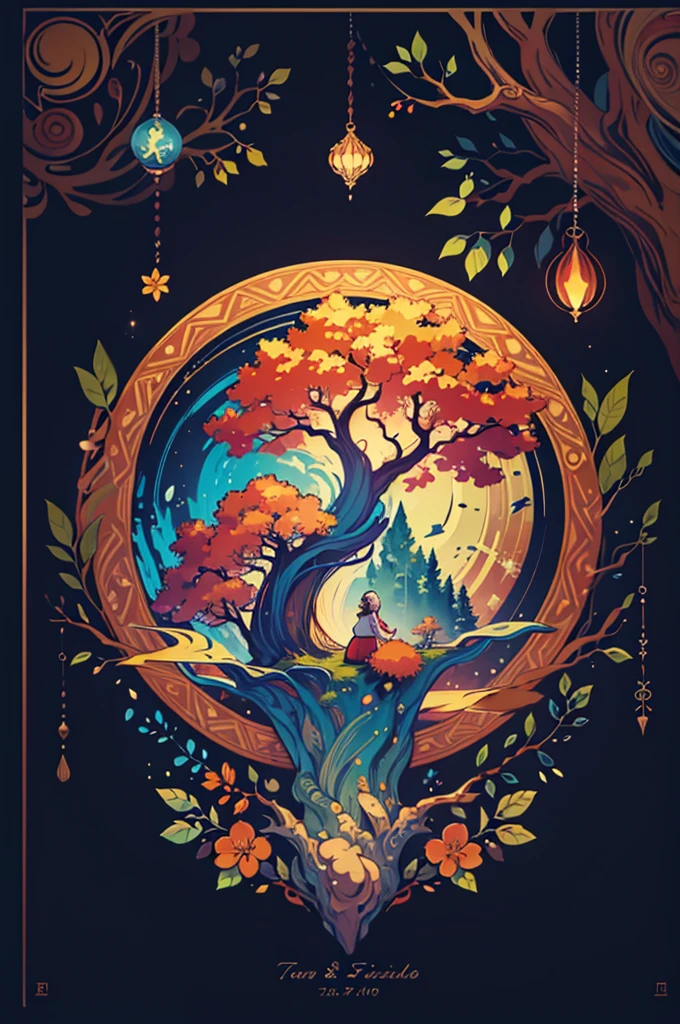 circular tree,four seasons,spring,summer,autumn,winter,leaves,roots,branches,trunk,ornate border,decorative,digital illustration,artwork,movement,time,swirling background,dark background,vibrant colors,natural,life cycle,growth,change,nature,life,peace,harmony,spirituality,symbolism,digital art,illustration,painting,graphic design,art,design,digital media,online art,visual art,fine art,fantasy