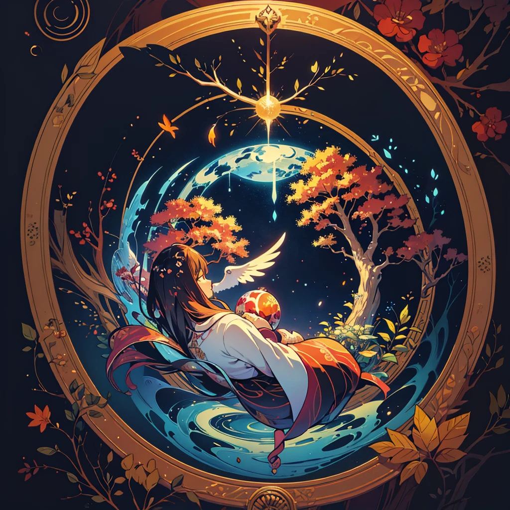 circular tree,four seasons,spring,summer,autumn,winter,leaves,roots,branches,trunk,ornate border,decorative,digital illustration,artwork,movement,time,swirling background,dark background,vibrant colors,natural,life cycle,growth,change,nature,life,peace,harmony,spirituality,symbolism,digital art,illustration,painting,graphic design,art,design,digital media,online art,visual art,fine art,fantasy