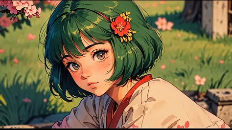 a girl, 80s anime style, retro, lo-fi, outside, kimono, japanese hair ornaments, cherry blossoms, piercing