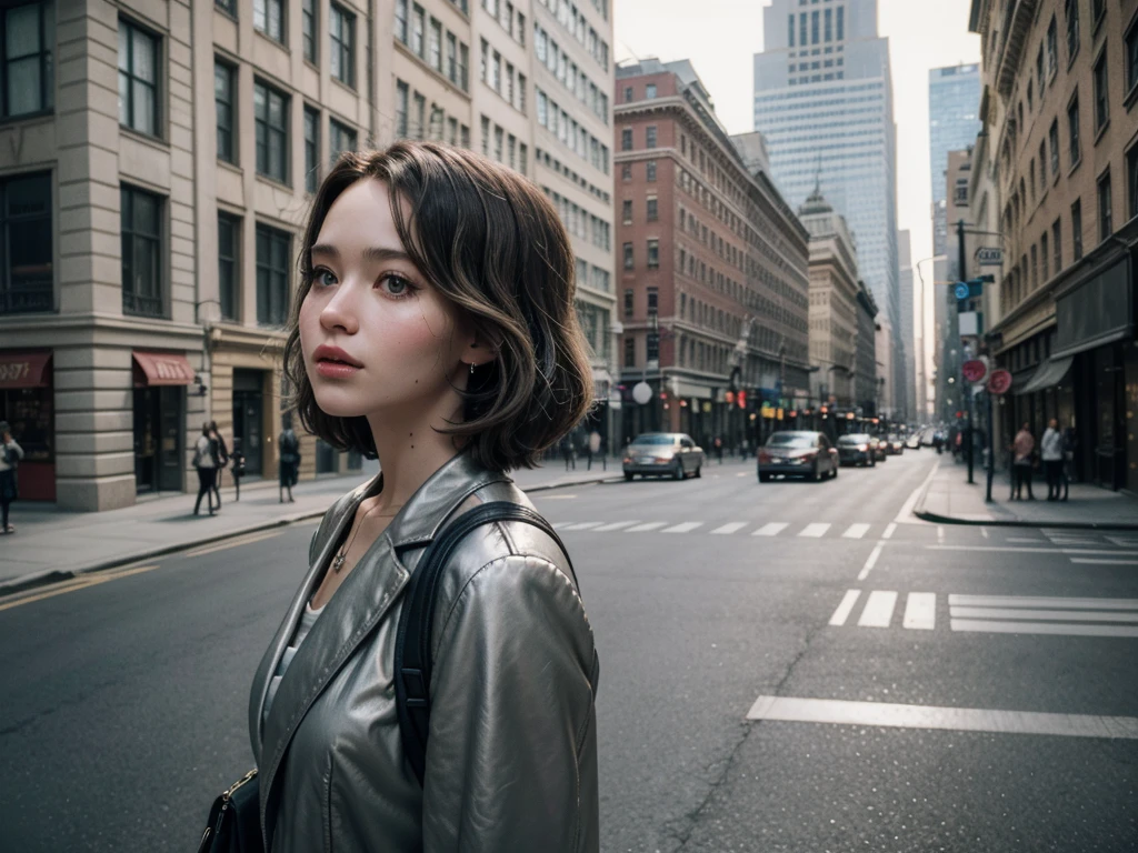 Street style photo of a woman with old money style on the streets of Manhattan in 2023, in front of a tall silver building, Brunetette, with 90s bob haircut, Katniss Everdeen, fight club movie, natural lighting, taken with Agfa Vista 200 -ar 2:3 -s 750.”
