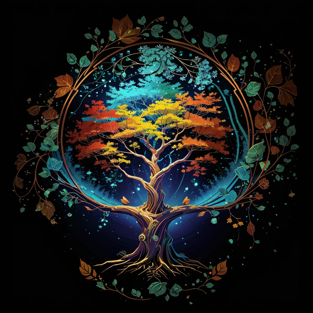 circular tree,four seasons,spring,summer,autumn,winter,leaves,roots,branches,trunk,ornate border,decorative,digital illustration,artwork,movement,time,swirling background,dark background,vibrant colors,natural,life cycle,growth,change,nature,life,peace,harmony,spirituality,symbolism,digital art,illustration,painting,graphic design,art,design,digital media,online art,visual art,fine art,fantasy