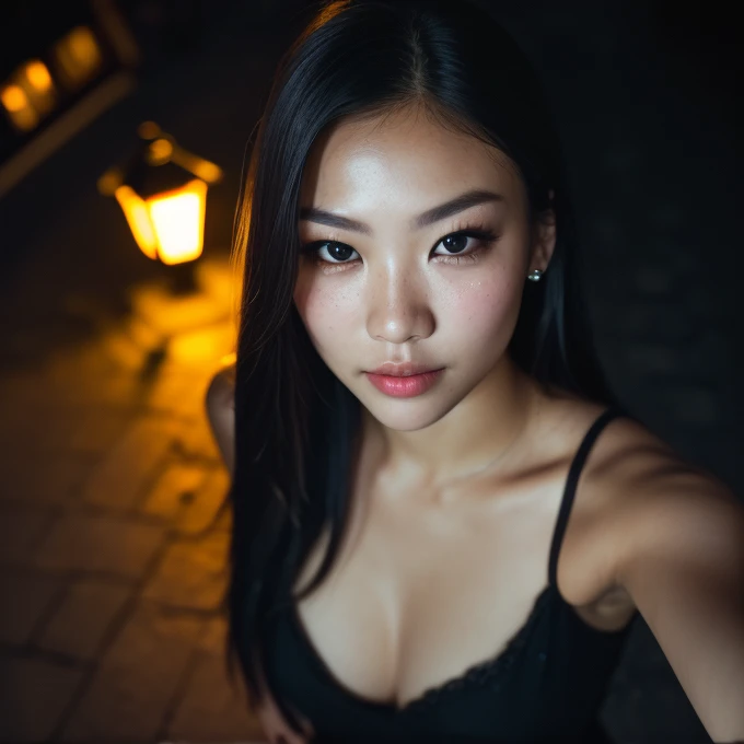 (selfie, top view: 1.4), (straight half of the body: 1.4), RAW UHD portrait photo of a 2 asian blonde (sexy-eyed woman) walking down a dark alley, large breasts,, city at night, (skirt), (neckline), details (textures! , hair! , glitter, color!! , disadvantages: 1.1), glossy eyes with high detail (looking at the camera), SLR lighting, SLR camera, ultra-quality, sharpness, depth of field, film grain (center), Fujifilm XT3, crystal clear, frame center, beautiful face, sharp focus, street lamp, neon lighting, bokeh (dimly lit), night, (night sky), detailed skin pores, oily skin, sunburn, complex eye details, full body, large breasts