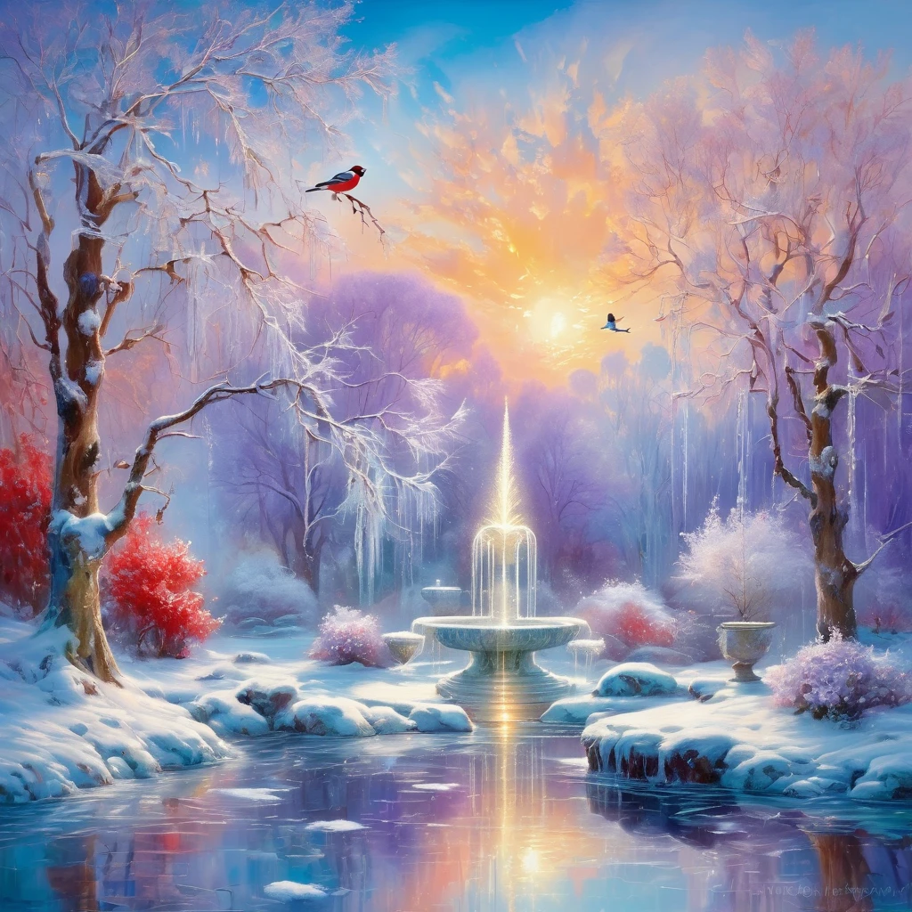 Oil painting in the style of (impressionism: 1,3). Double exposure. Light pastel colors. Beautiful tall white marble fountain with several bowls, (white marble: 1,3). A flock of bullfinch birds with red plumage on their breasts. Frozen water, icy icicles, (frosty patterns: 1,5). Fanciful, unusual. The ice is transparent, with glare from the sun. Azure sky with light reflections of sunset, classic park with trees in hoarfrost. Stlistics: modern, fairy tale, neorococo, dream, harmony. Free brushwork, harmony of cold shades of snow and ice and violet reflections of the setting sun. Hyper-detailing, intricacy. Exquisite rocaille and fantasy surrealism. Josephine Wall. Fragonard, Alfonso Mucha, Andrew Jones. High quality. HDR.