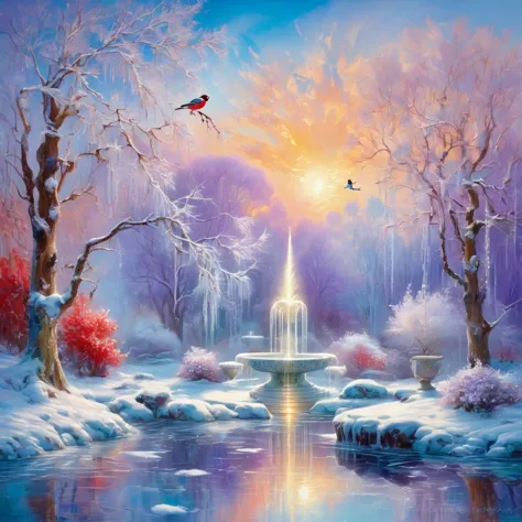 Oil painting in the style of (impressionism: 1,3). Double exposure. Light pastel colors. Beautiful tall white marble fountain wi...