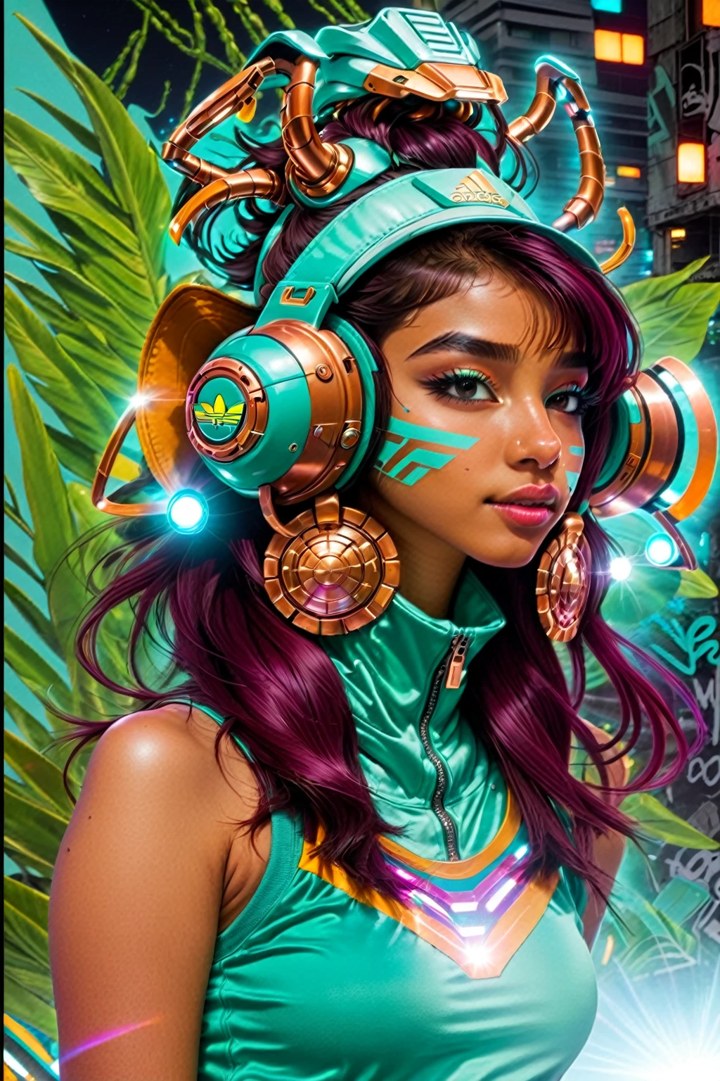 she is in a disco with colored lights reflecting onto her skin, cute girl, Latina, with a pointy nose, Indian beauty, sri lanka, , age 23, young. 
 lights on her skin cute Indian woman with a button nose, age 23, young, with natural hair flow, feathered 1970s hairstyle, and layered hair. 
hair, maybe ponytails.  beautiful, 1980s hip hop clothing,. earing an adidias vest. turtle neck 
  sparkling zippers. , 1970s hip hop 
  mecha, Gundam. 1970s hip hop Ayahuasca trippy, turquoise, and copper.  ancient futuristic. neo-Aztec 
 2077_Style, glowing earrings. futuristic, Kangol bucket hat, safari hat, horse-jockeys hat.  mecha, Gundam.  Bold Large, tech graffiti shapes in the background 
 she is wearing a KANGOL 0397BC BERMUDA. wearing a tank top. with LED lights, , also a transparent breathing mask, and digital goggles on her head or hat. 

She is shown from the waist up. She is looking away from the camera. city in the background. she is wearing an Adidas maroon turtle neck, with aqua blue, touquise.  three stripes. adidas. posed from the waist up.  looking away from the viewer. Aztec is ancient with a future tech twist.  
