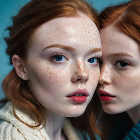 A beautiful detailed portrait of Sadie Sink and Emily Browning,face to face, warm hugs, (freckles:1.1), symmetric swirls around ...