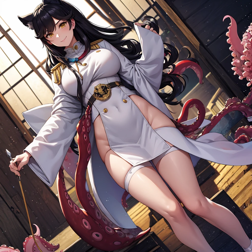 A woman wearing a white female military uniform with gold details, exposed thigh, long maroom stockings, white heels, golden medal, white gloves, big breasts, yellow eyes, very dark black hair, long hair, long neko ears, smiling, walking on a Japanese platform, with views of traditional Japanese houses, full length, anime style, sparkle, drop shadow, bloom, UHD, masterpiece, ccurate, anatomically correct, textured skin, super detail, high quality, best quality, 8k, highres, (solo woman) octopus tentacles
