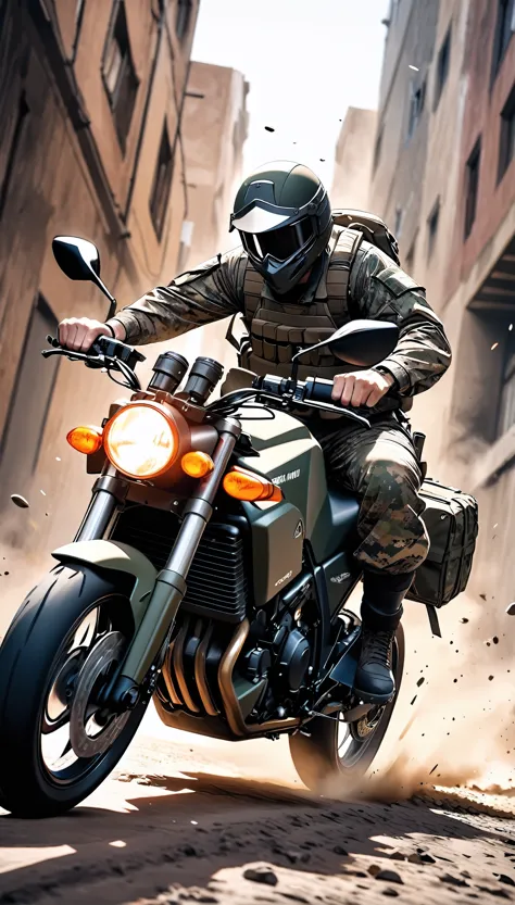 Army Motorcycle, CamouflageOff-road, Rifle shooting while riding, 
BREAK High-performance and sophisticated rifle, Detailed and attractive motorcycle, 
BREAK Military spec motorcycle, Camouflage, Off-road, Dirty after driving on rough roads, Non-gloss, 
BREAK Army Special Forces Combat Uniforms, Military helmet, 背景に溶け込むCamouflage, 
BREAK Shooting on a motorcycle, Shell ejection, white smoke, Sparks from a gun, 
BREAK Aesthetic mud stains, Carefully maintained、Aged vehicle body, Shooting while riding a motorcycle, 
BREAK Mountain Division, Flat land with a slope, A dark background that makes the subject stand out, A bold and powerful composition, 
BREAK Expressing the sense of speed with motion blur in the background, Sink shooting, 
BREAK The Soldier&#39;s Gaze, concentrated, calm, nervous, confidence, 
BREAK Dramatic Cinematic Lighting, 
Dynamic shot, (shot from below:1.3), 