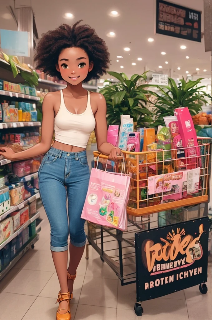 rustic, skinny, baby face, dark skin, young girl, brown eyes, afro-style green hair, big breasts and ass, pink spaghetti tank top, denim miniskirt, blue clogs, smiling, holding a shopping bag in a supermarket, ecchi CG manga, cinematic, dramatic, masterpiece, dynamic view, full body,