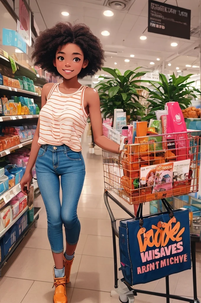 rustic, skinny, baby face, dark skin, young girl, brown eyes, afro-style green hair, big breasts and ass, pink spaghetti tank top, denim miniskirt, blue clogs, smiling, holding a shopping bag in a supermarket, ecchi CG manga, cinematic, dramatic, masterpiece, dynamic view, full body,