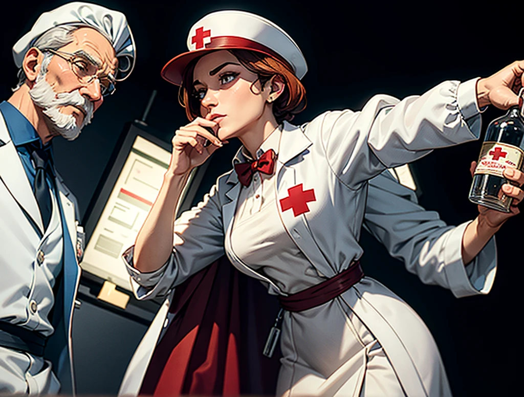 Comic art, cartoon.  (man)-drunkard and doctor. drunkard holding a bottle in his hand, dressed tainted dress, doctor holding a I.V. med transfusion system in his hand, wearing a white coat and a white medical cap with a red cross. parody of  sculpture "Worker and Collective Farm Woman" by Vera Mukhina.  Stylish pale abstract background. Masterpiece, detailed. 
