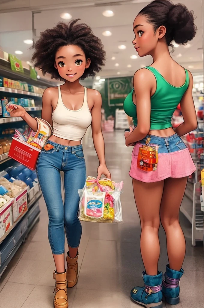 rustic, skinny, baby face, dark skin, young girl, brown eyes, afro-style green hair, big breasts and ass, pink spaghetti tank top, denim miniskirt, blue clogs, smiling, holding a shopping bag in a supermarket, ecchi CG manga, cinematic, dramatic, masterpiece, dynamic view, full body,