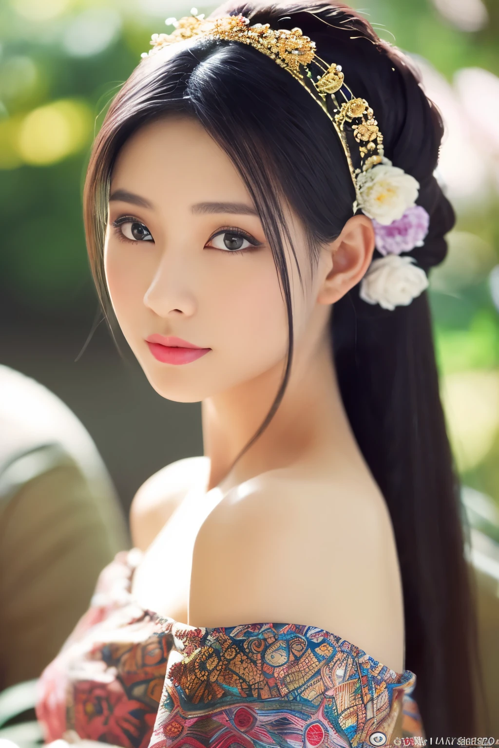 (8K, best quality, Extremely detailed:1.37), (Dishonorable), 18 years old, (A beautiful Indonesian girl), A modern interpretation of traditional Javanese clothing，Exude elegance. She wore a batik-style off-the-shoulder dress，There are complex patterns on it, Highlight her slim figure. High-resolution images capture ultra-detailed realism, highlighting Dishonorable's captivating eyes, Long eyelashes, and smooth complexion. Modern surroundings add a contemporary feel，Showing the timeless beauty of Javanese culture.