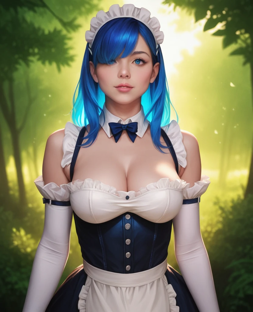 a beautiful detailed girl with long blue hair, wearing a maid headdress, large breasts, with bangs covering one eye, in a sexual act in a forest, pixel perfect, ultra detailed, hyperrealistic, 8k, (best quality:1.2), (realistic:1.37), (photorealistic:1.37), extremely detailed, high resolution, masterpiece, studio lighting, physically-based rendering, vibrant colors, cinematic lighting