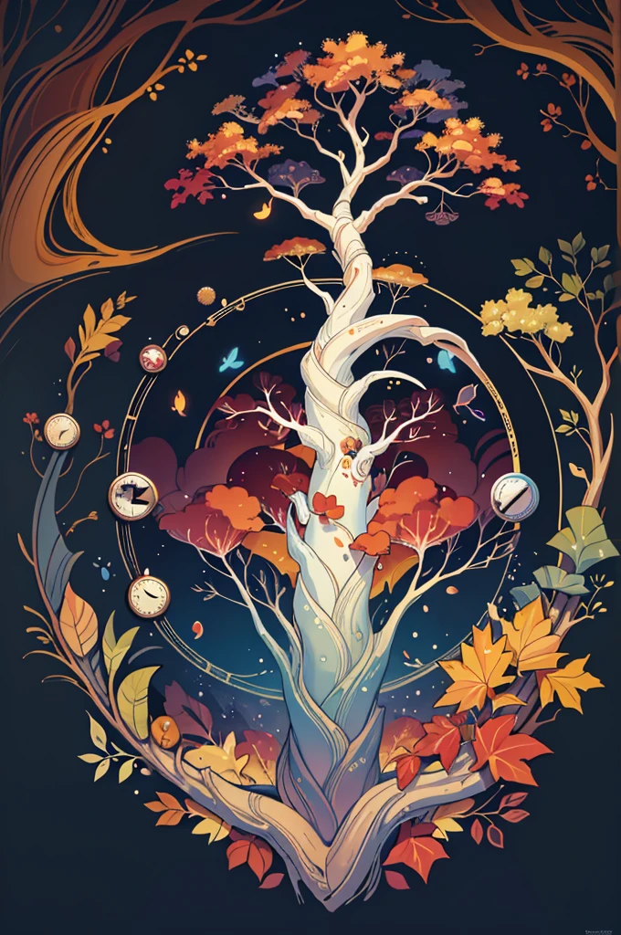 circular tree,four seasons,spring,summer,autumn,winter,leaves,roots,branches,trunk,ornate border,decorative,digital illustration,artwork,movement,time,swirling background,dark background,vibrant colors,natural,life cycle,growth,change,nature,life,peace,harmony,spirituality,symbolism,digital art,illustration,painting,graphic design,art,design,digital media,online art,visual art,fine art,fantasy