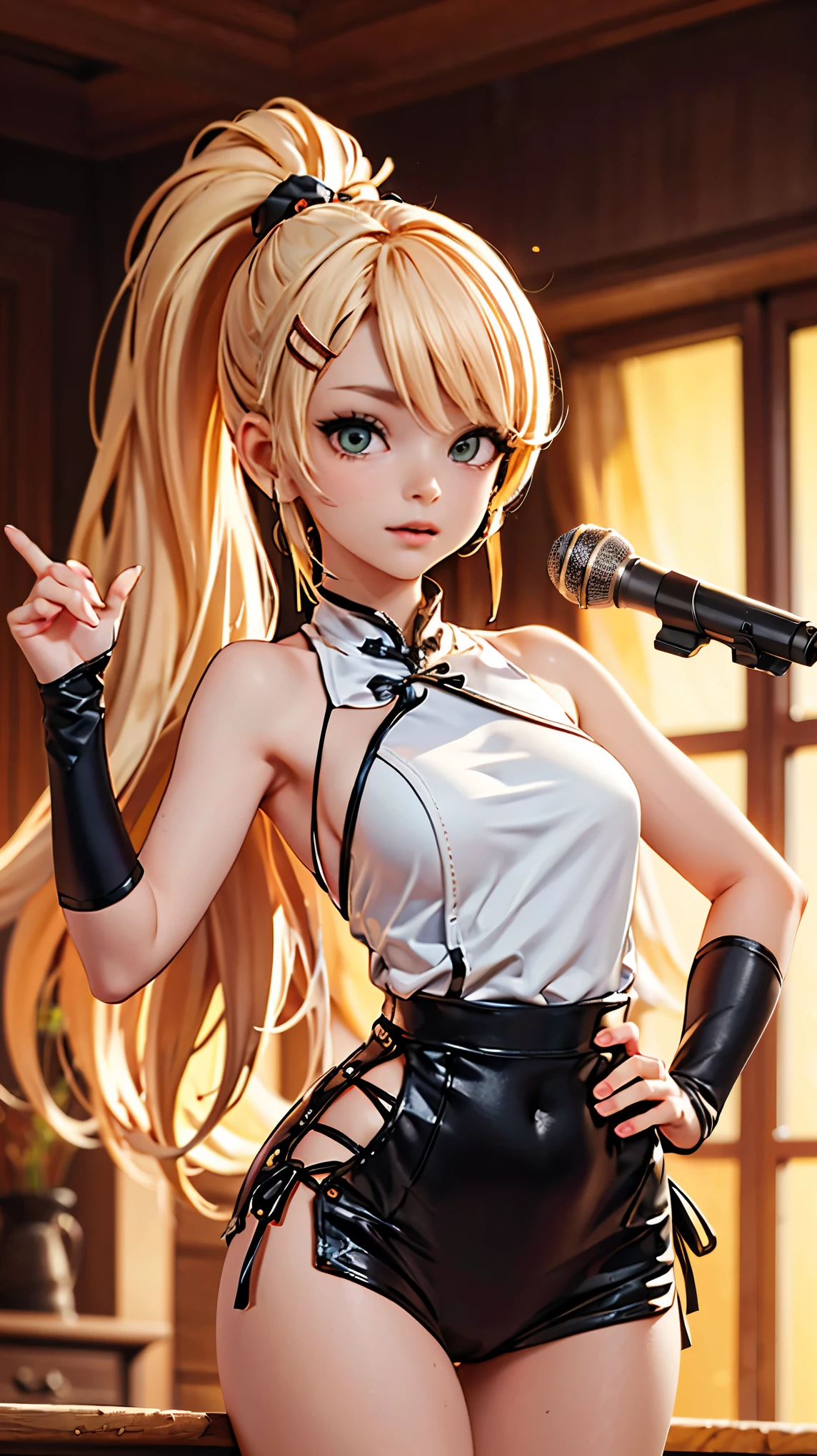 （（（完美figure，figure，Black cheongsam，（（（Yamanaka_this，1 girl, blonde hair, hair ornament, green eyes, ponytail, Hairclip, hair over one eye, ））），（（（wide hips））），S型figure:1.7））），((masterpiece)),A high resolution, ((Best quality at best))，masterpiece，quality，Best quality，（（（ Exquisite facial features，I look at the audience,There&#39;s light in the eyes，I can&#39;t eat，confidence））），（（（Interweaving of light and shadow，huge ））），（（（looking at the camera，from the outside，chubby ass）））