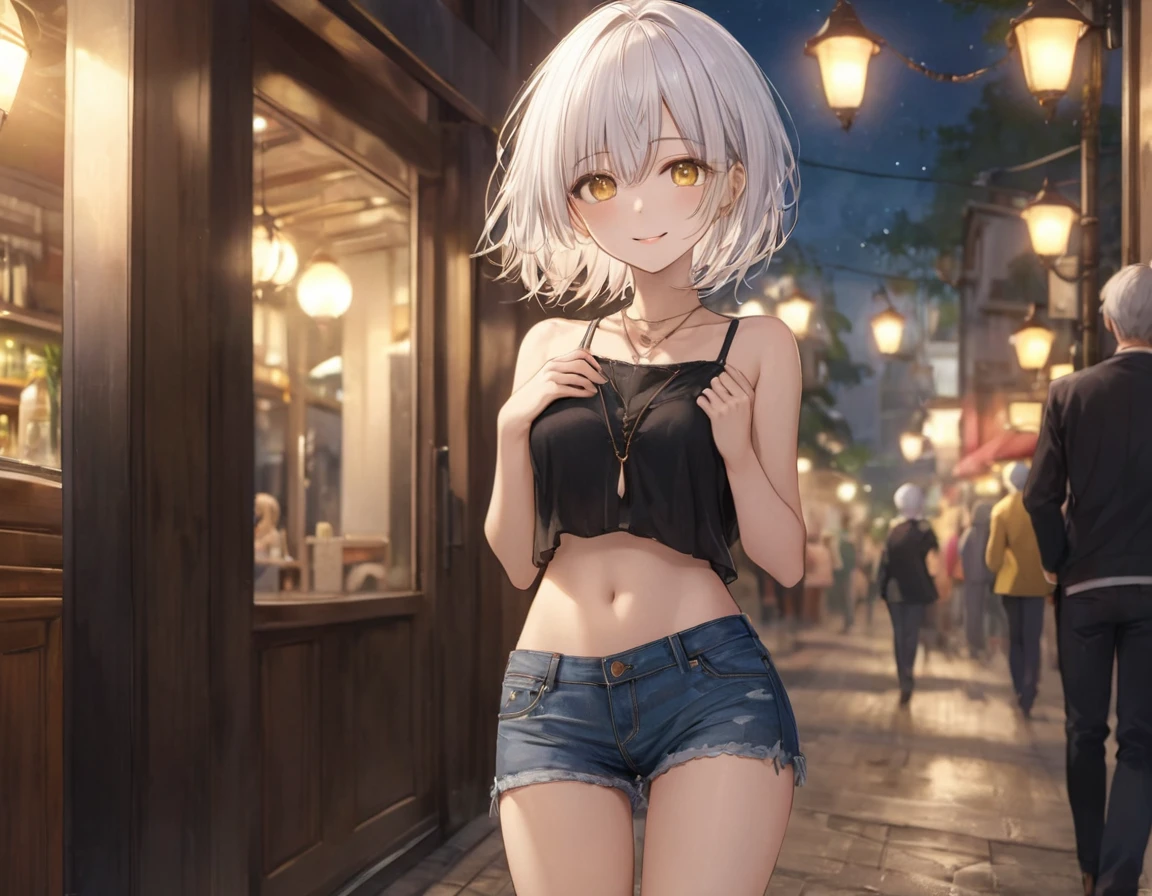 ((oben ohne)), anime Frau with short white hair and yellow eyes posing in a hallway, Restauranttür, Nacht, Bürgersteig, Laternenpfahl, draußen, seductive anime Frau, Perfektes weißhaariges Mädchen, attractive anime Frau, beautiful anime Frau, cute anime Frau, Mädchen mit weißen Haaren, Sanfte Anime-CG-Kunst, pretty anime Frau, Anime-Stil 4k, Anime bestes Mädchen, anime Frau, 4K-Anime-Hintergrundbild, Jeans-Shorts, mittlere Brüste, Meisterwerk, Halskette, lächelnd, Nabel, Hände hoch, Kurzes Haar, Brustwarzen, Magen, smartphone, erect Brustwarzen, Menschen im Hintergrund