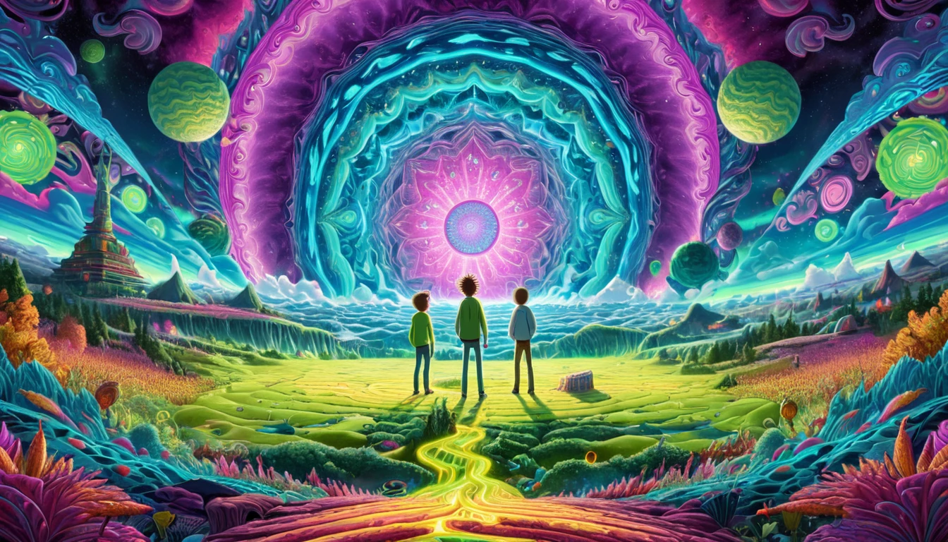detailed portrait of Rick and Morty floating in a psychedelic fractal landscape, vibrant colorful swirling patterns, kaleidoscopic infinite abstract shapes, mesmerizing hypnotic visuals, glowing neon colors, dynamic lighting, cinematic composition, unreal dreamlike atmosphere, highly detailed, 8k, photorealistic, masterpiece