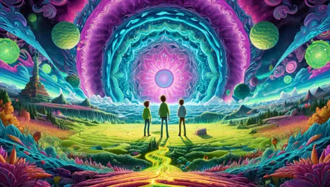 detailed portrait of Rick and Morty floating in a psychedelic fractal landscape, vibrant colorful swirling patterns, kaleidoscop...