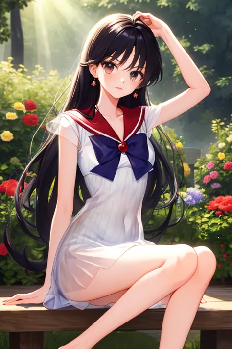 masterpiece, Highest quality, (One Girl), Sailor Mars、Long black hair，Slanted Eyes, Realistic Skin, Ecstasy, Very short stature，...