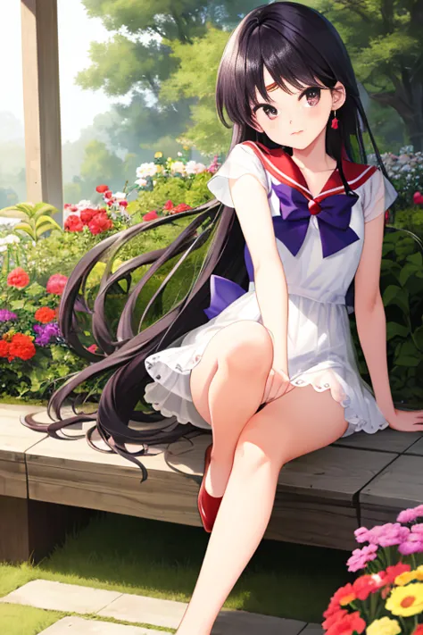 masterpiece, Highest quality, (One Girl), Sailor Mars、Long black hair，Slanted Eyes, Realistic Skin, Ecstasy, Very short stature，...