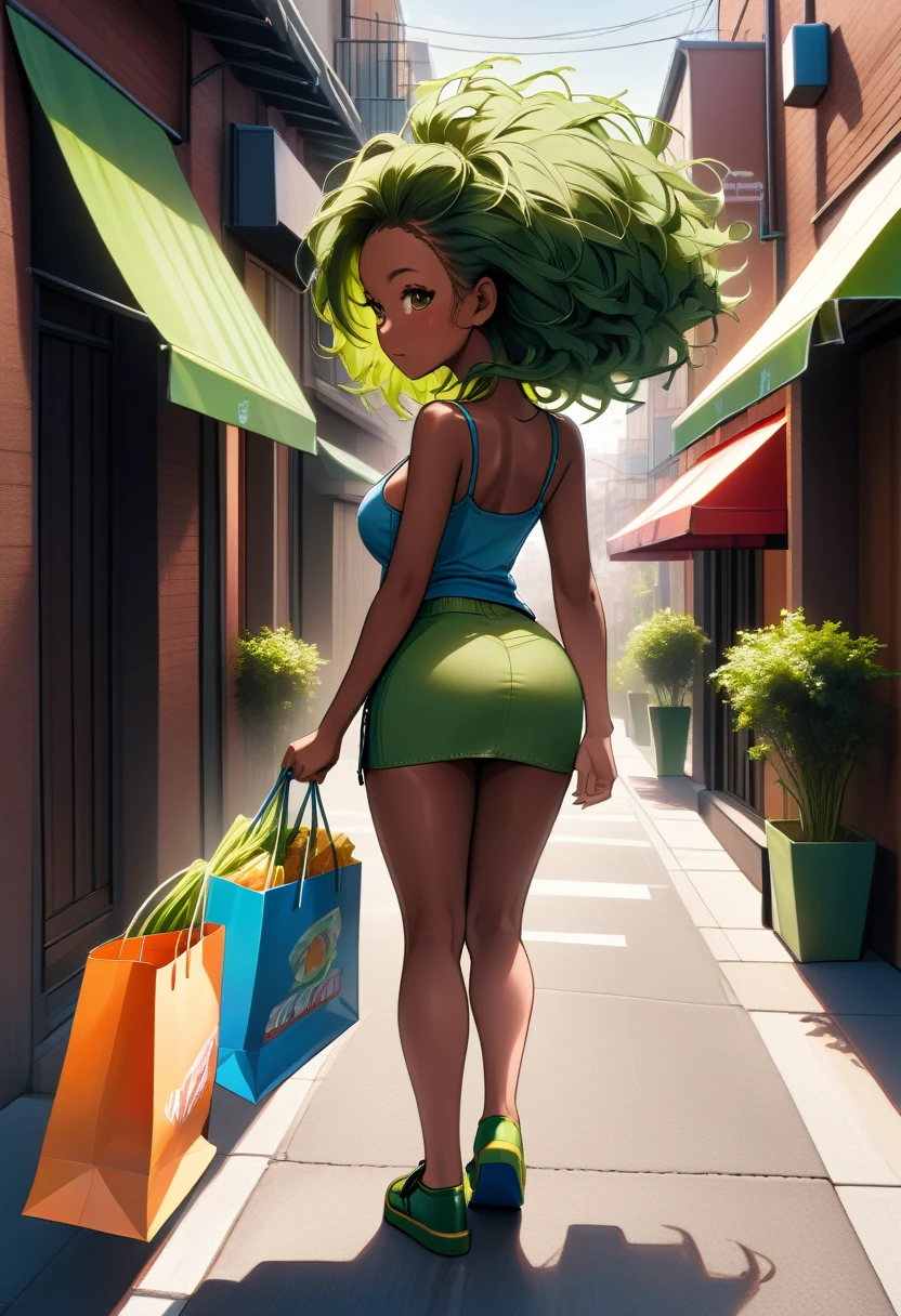 rustic, skinny, baby face, dark skin, young girl, brown eyes, afro-style green hair, big breasts and ass, green spaghetti tank top, denim miniskirt, blue clogs, curious gaze, carrying a shopping bag, down the street, ecchi CG manga, cinematic, dramatic, masterpiece, dynamic back view, full body,