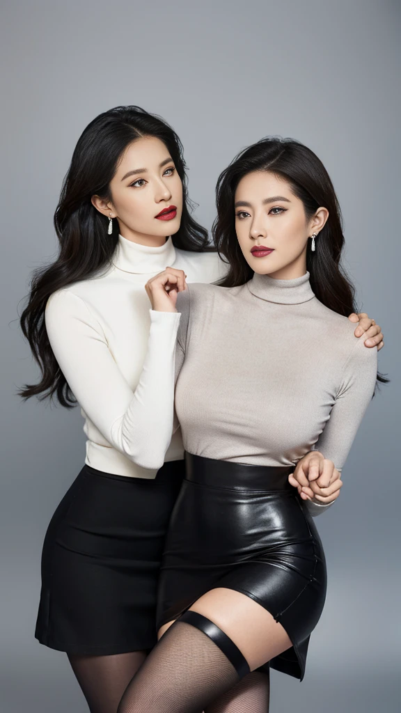 Twin sisters holding hands on the street，light brown clothes (No cleavage),thigh, cosmetic, (lipstick: 1.1), (Eyeliner: 1.2), mascara, Eyeshadow,Outdoor sports, earrings, necklace, Black tights, Wrinkles at the corners of the eyes, Oral wrinkles,High Neck Knit Bodycon Skirt，full-body shot，An Asian Japanese woman，65 years old，big eyes，elegant temperament elegant temperament，(masterpiece:1.2, best quality), actual, (The real situation,45 years old， Intricate details, Depth of Field，High neck clothes), careful, The content is very detailed, This is a perfect face, Perfect body, Large Model, Mature woman, High，Black silk garter belt，8K,best quality, masterpiece, Ultra-high resolution,(lifelike:1.4), original photo, Stay focused, detailed, Dramatic, Exquisite beautiful woman, (tall and straight:1.1),(Fat goddess desetallic high collar dress,High collar fitted skirt),half butterfly earrings, double ring necklace, (:1.05), (65 years old, : 1.4),Long curly hair, Dynamic angle, (red lips)Beautiful graphics, Black reflective leather pants and fishnet stockings，High heel