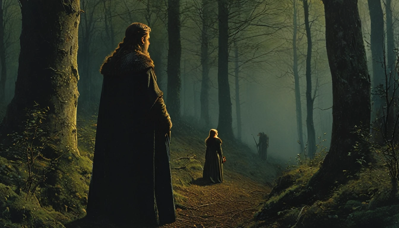 (((estilo medieval))), imagem de um caçador preocupado, Bill Henson •, entrando na floresta com a jovem princesa, Superdetalhado, Resolução 8K