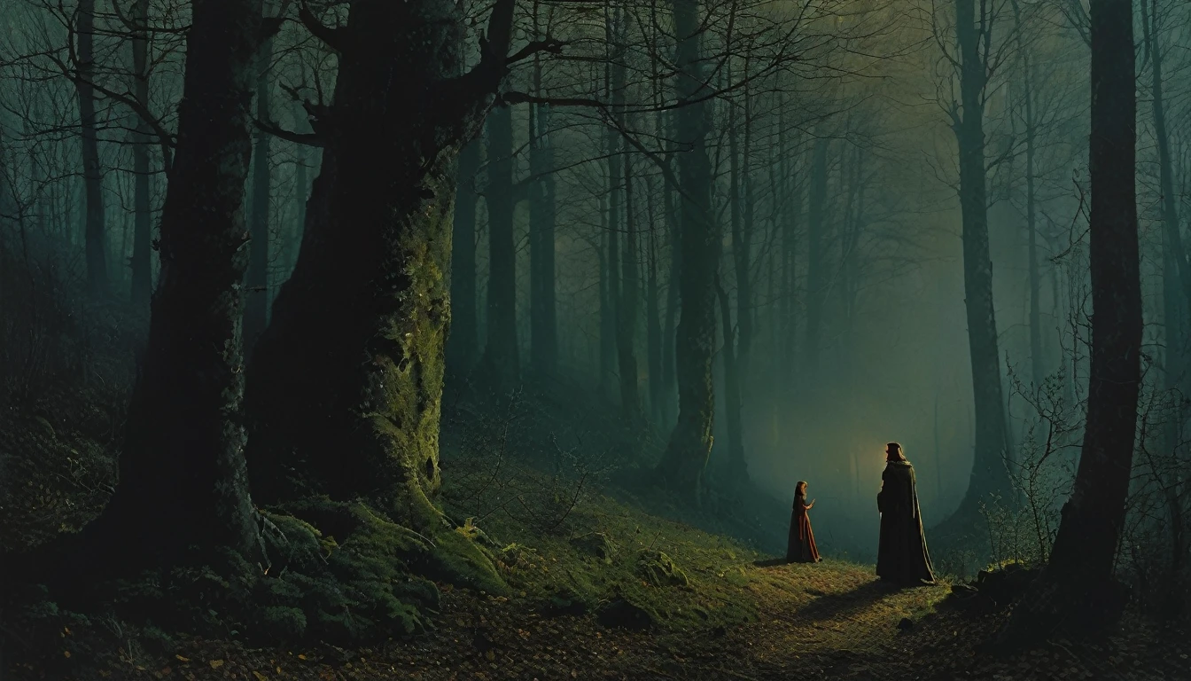 (((estilo medieval))), imagem de um caçador preocupado, Bill Henson •, entrando na floresta com a jovem princesa, Superdetalhado, Resolução 8K