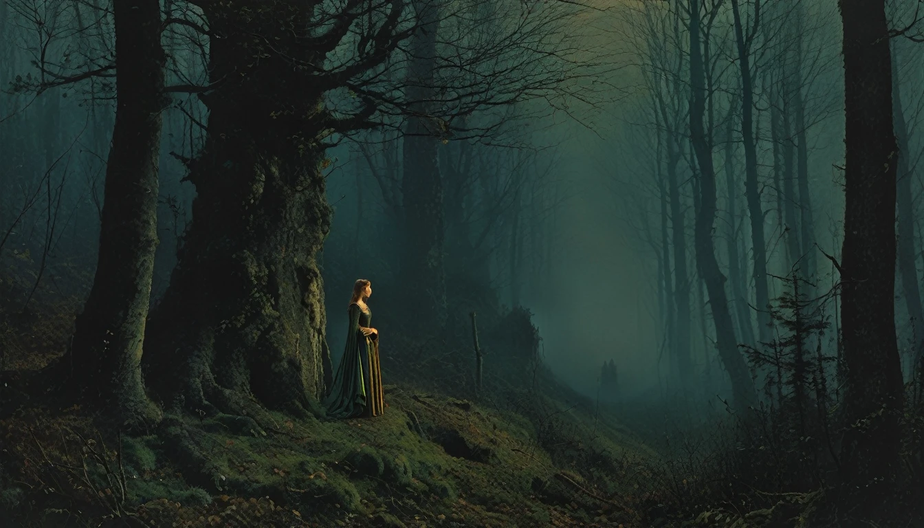 (((中世風))), 心配そうなハンターのイメージ, ビル・ヘンソン, 若い王女と森へ行く, 非常に詳細な, 8K解像度