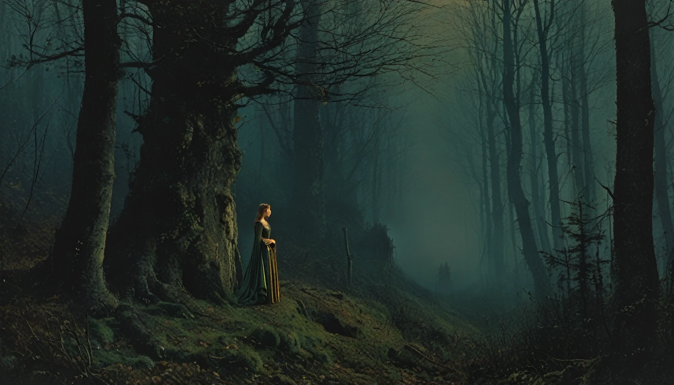 (((estilo medieval))), imagen de un cazador preocupado, Bill Henson, entrando en el bosque con la joven princesa, súper detallado, resolución 8k