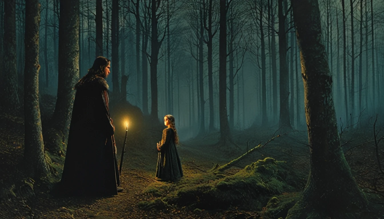 (((средневековый стиль))), образ обеспокоенного охотника, Билл Хенсон, иду в лес с юной принцессой, супердетализированный, разрешение 8к