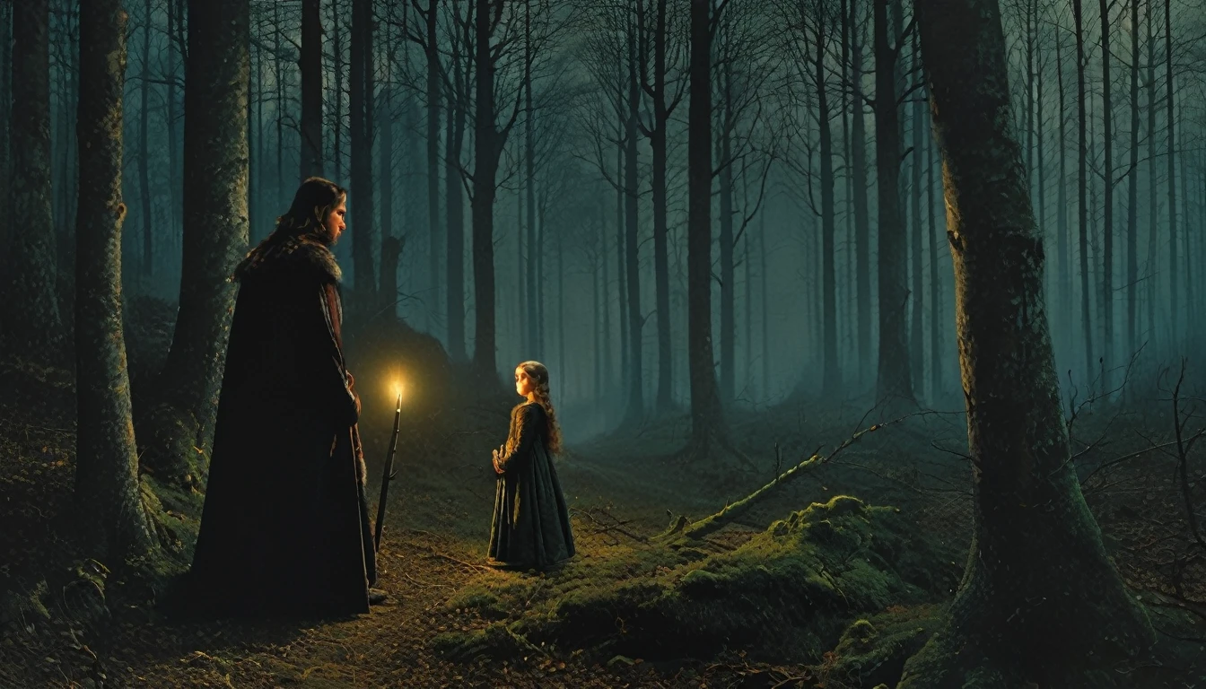 (((estilo medieval))), imagen de un cazador preocupado, Bill Henson, entrando en el bosque con la joven princesa, súper detallado, resolución 8k