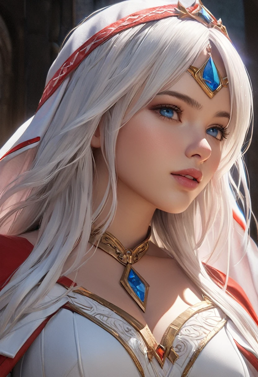 (best quality,4k,8k,highres,masterpiece:1.2), ultra-detailed, (realistic,photorealistic,photo-realistic:1.37),((Highly detailed CG Unity 8k wallpaper)), masterpiece, Super detailed, floating, High resolution, Sexually suggestive, (small, Extremely long white hair, Princess, White Mage, blue eyes, (It has long, wide sleeves and intricate embroidery. A gorgeous layered long dress in white and red with a sheer look), Bridal Veil, Circlet, Bridal Gauntlet, Blushing, shy, arched back, Frilled petticoat, Glamorous corset,