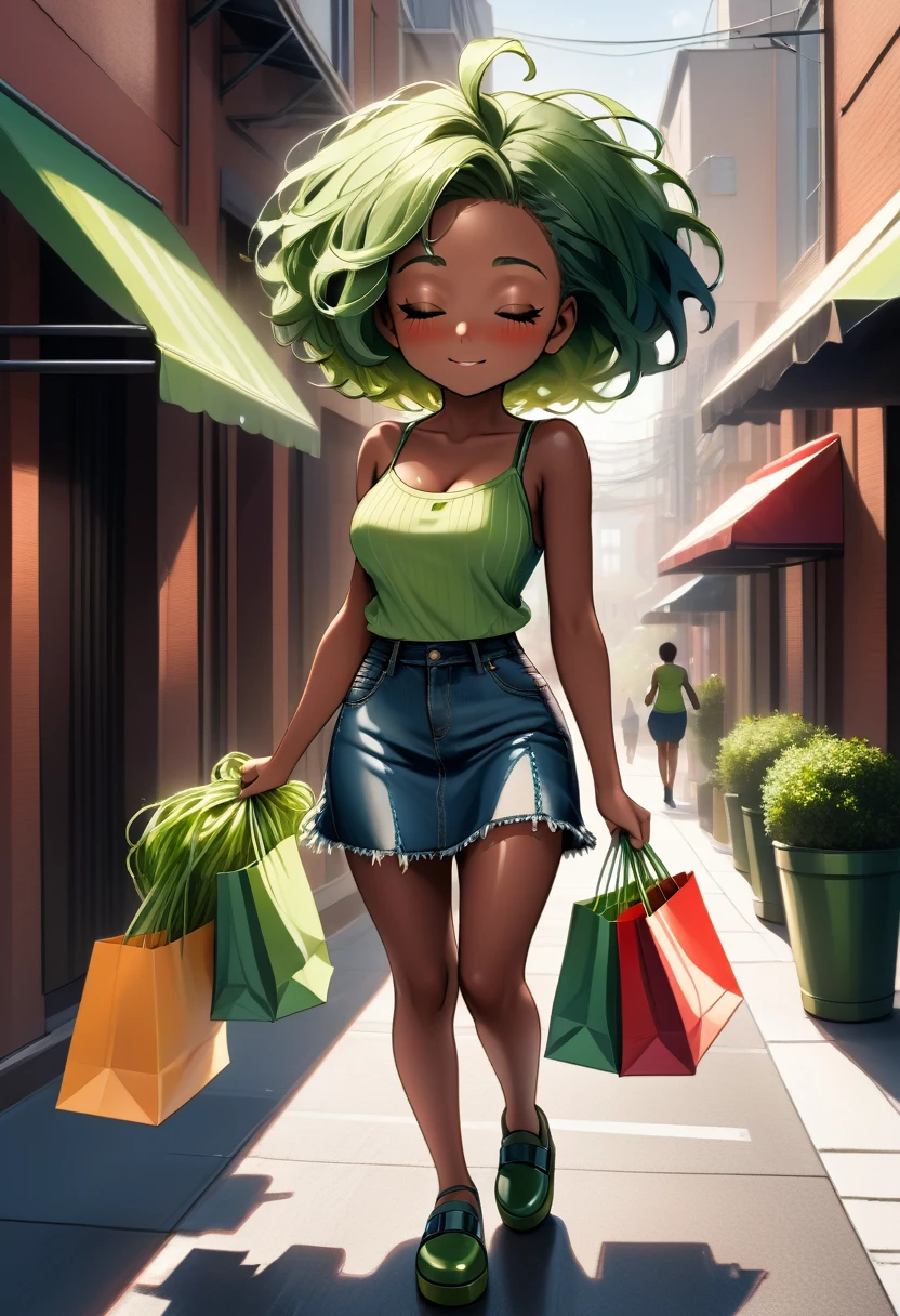 rustic, skinny, baby face, dark skin, young girl, closed eyes, afro-style green hair, big breasts and ass, green spaghetti tank top, denim miniskirt, blue clogs, gentle smile, carrying a shopping bag, down the street, ecchi CG manga, cinematic, dramatic, masterpiece, dynamic view, full body,