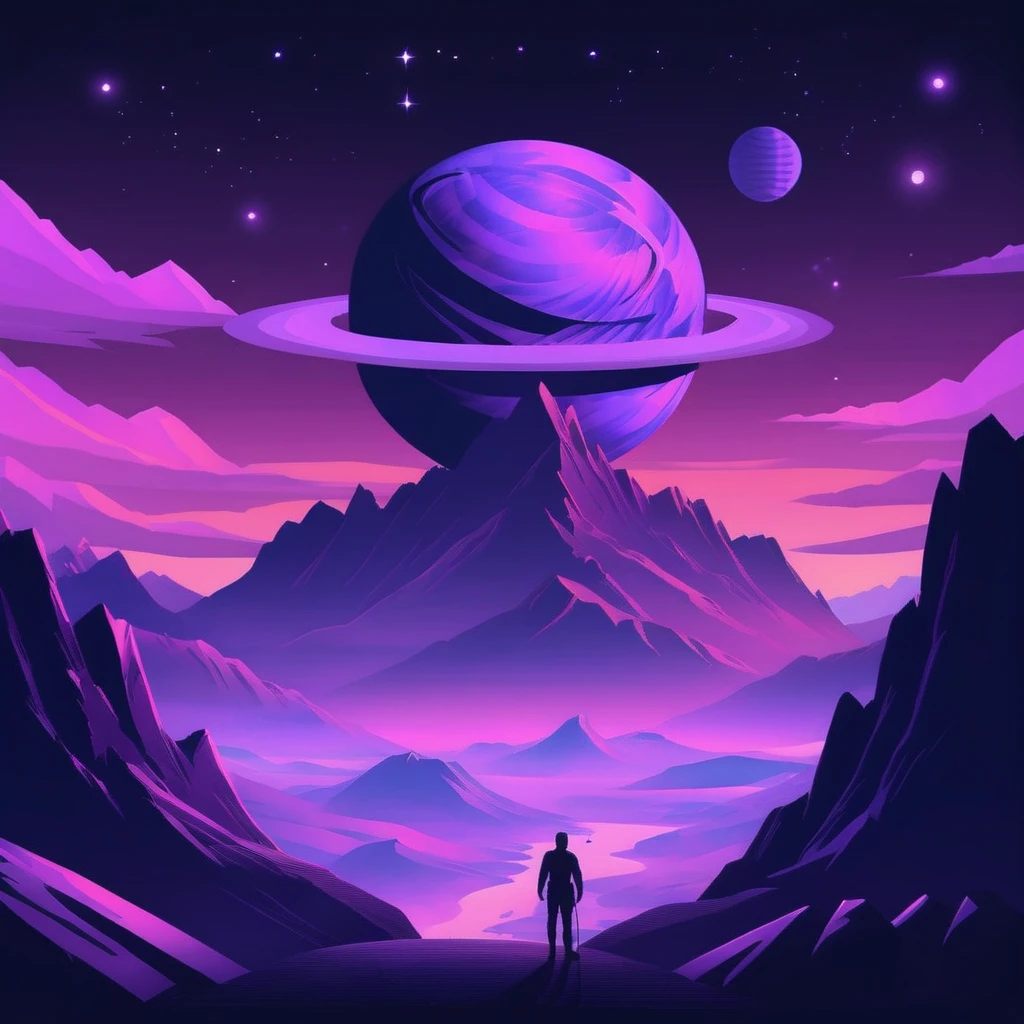 une planète violette derrière une montagne
