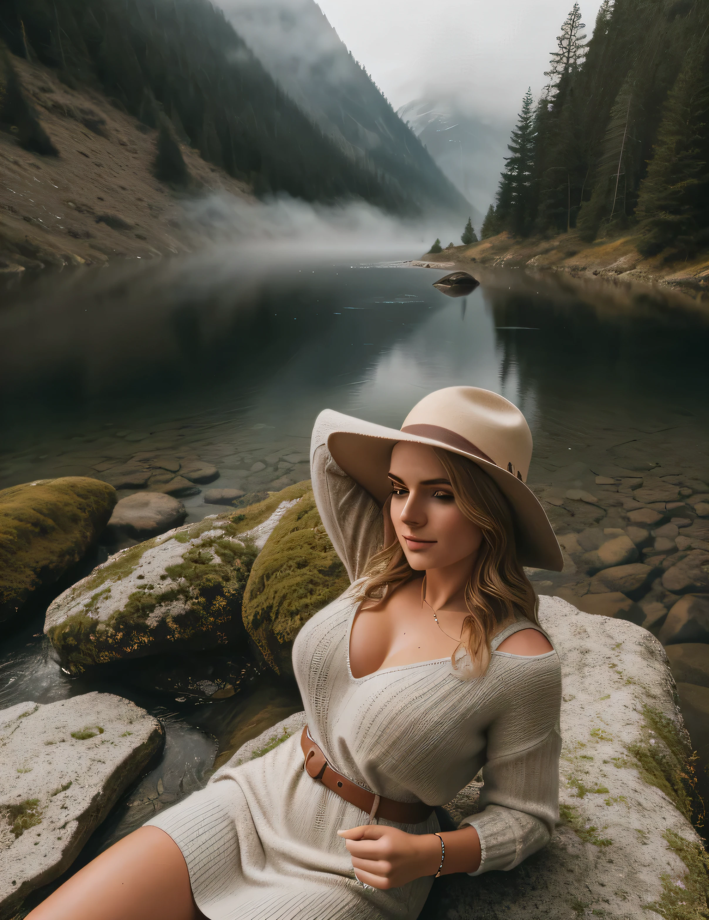 photorrealistic, best qualityer, hyper detailled, Beautiful woman, trunk, standing alone, wearing pullover, plein-air, Sunnyday, mountainscape, real life nature, (happy, glad), sleeping bag, Elegant dress, Beautiful hat, forst, stones, Riu, Wood, smoke, FOG, Clear sky, analog style, gazing at viewer, texture skin, Film grain, close up, ultra high resolution, best shade, cru, instagram LUT