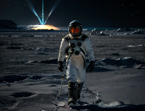 地面 , 冰凍環境下的日間照明, 地面有雪,  穿著太空衣的太空人正在冰行星上行走，觀察到一些外星結構留下的深刻印象 , 全身攝影 全身影像. 環境概覽. 他身邊有一個地面探索機器人.