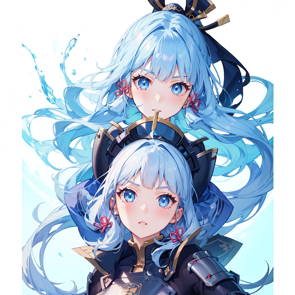 View the viewer, 1 Girl,  Highest quality, Blue Hair, blue eyes, Japanese style armor, Sword in hand, electricity, kamisato ayaka, whole body, blush, Serious face、Very detailed、high resolution、High resolution、Written boundary depth,White Background,A sword as big as your body