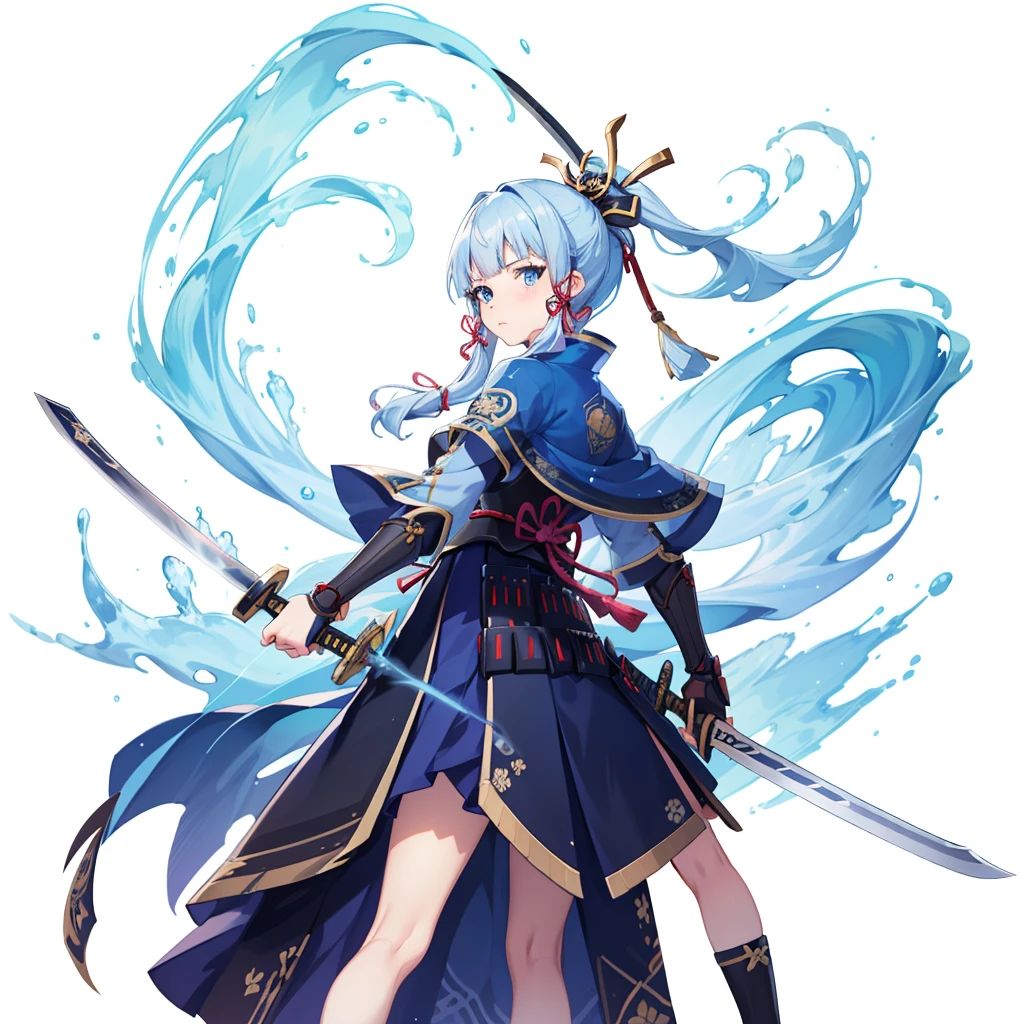 View the viewer, 1 Girl,  Highest quality, Blue Hair, blue eyes, Japanese style armor, Sword in hand, electricity, kamisato ayaka, whole body, blush, Serious face、Very detailed、high resolution、High resolution、Written boundary depth,White Background,A sword as big as your body