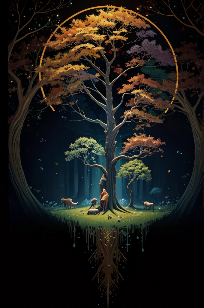 circular tree,four seasons,spring,summer,autumn,winter,leaves,roots,branches,trunk,ornate border,decorative,digital illustration,artwork,movement,time,swirling background,dark background,vibrant colors,natural,life cycle,growth,change,nature,life,peace,harmony,spirituality,symbolism,digital art,illustration,painting,graphic design,art,design,digital media,online art,visual art,fine art,fantasy