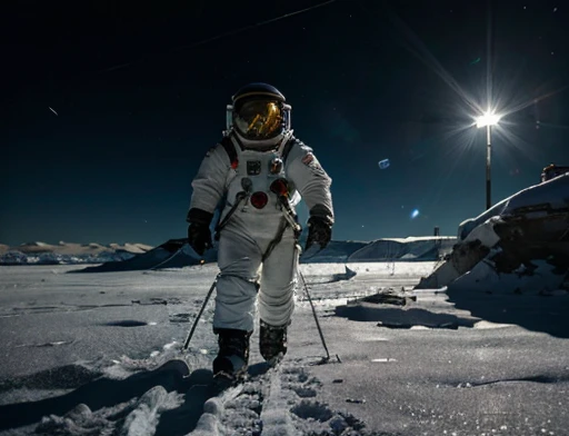 低角度 , 地面 , 冰凍環境下的日間照明, 地面有雪,  穿著太空衣的太空人正在冰行星上行走，觀察到一些外星結構留下的深刻印象 , 全身攝影 全身影像. 環境概覽. 他身邊有一個地面探索機器人.