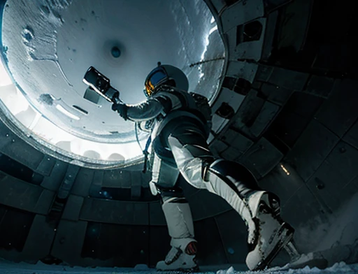 low angle , floor , Daytime lighting in the frozen environment, Ground with snow,  astronaut wearing space suit is walking on the ice planet and observes something impressed by an alien structure , full body photography full body image. Environment overview. He is accompanied by a ground exploration robot.