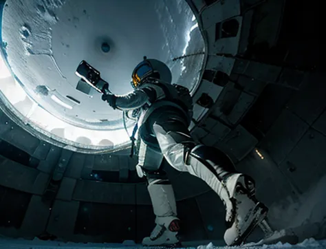low angle , floor , Daytime lighting in the frozen environment, Ground with snow,  astronaut wearing space suit is walking on th...