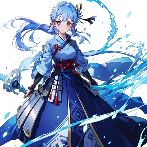 View the viewer, 1 Girl,  Highest quality, Blue Hair, blue eyes, Japanese style armor, Sword in hand, electricity, kamisato ayak...