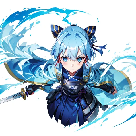 view the viewer, 1 girl,  highest quality, blue hair, blue eyes, japanese style armor, sword in hand, electricity, kamisato ayak...