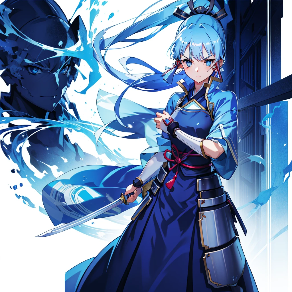 View the viewer, 1 Girl,  Highest quality, Blue Hair, blue eyes, Japanese style armor, Sword in hand, electricity, kamisato ayaka, whole body, blush, Serious face、Very detailed、high resolution、High resolution、Written boundary depth,White Background,A sword as big as your body