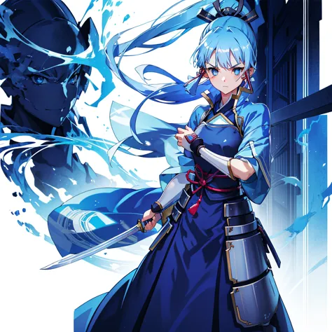 view the viewer, 1 girl,  highest quality, blue hair, blue eyes, japanese style armor, sword in hand, electricity, kamisato ayak...