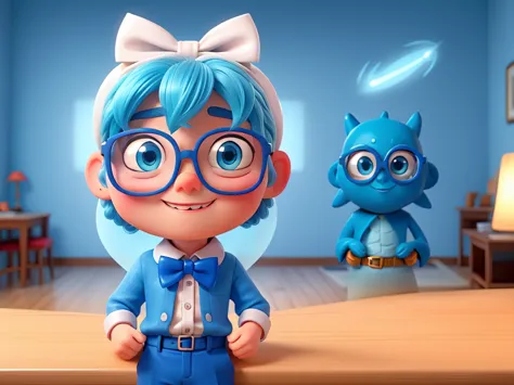 Make a cute blue 4-eyed Alien with glasses, a white bow on the head, has glitter and looks like you are taking a selfie